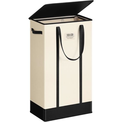 SOLEDI 75L Slim Laundry Basket with Lid,Collapsible Narrow Laundry Hamper Handles,Tall Skinny Dirty Clothes Hamper for Laundry Room,Dorm,Bathroom,Bedroom,and Small Spaces, 75L Beige