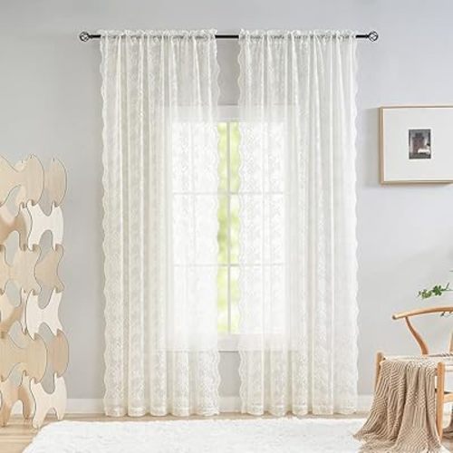 YJ YANJUN Floral Lace Curtains 96 inches Long 2 Panels Set French Country Shabby Chic Sheer Curtains for Living Room Window Light Filtering Rod Pocket 52 x 96 Inch Ivory
