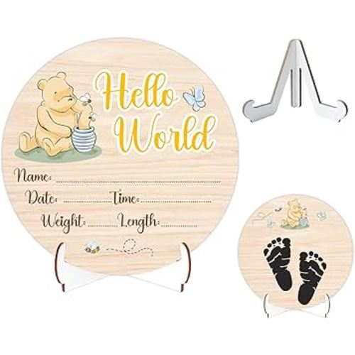 Winnie Baby Wooden Newborn Birth Sign, Winnie Hello World Newborn Signs, The Pooh Baby Name Sign, Babies Announcement Signs Photography Prop, Double Sided Hello World for New Mom Babies Party