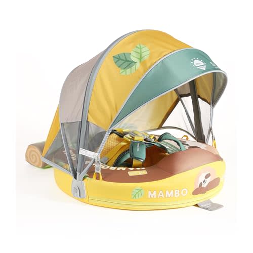 Mambobaby Baby Pool Float with Canopy, Non-Inflatable Infant Floats with Tail Solid Upgrade Soft Waterproof Skin-Friendly Mambo Baby Swimming Float for 3-24 Months Baby Boys Girls