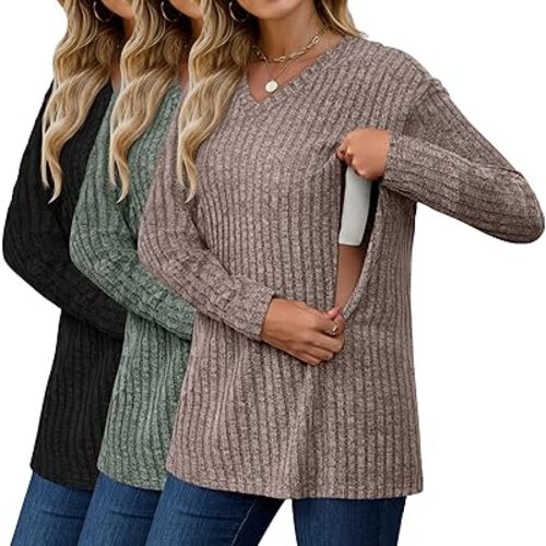 3 Pack Oversized Women's Maternity Nursing Tops Vneck Breastfeeding Sweaters Long Sleeve Hidden Zipper Shirt
