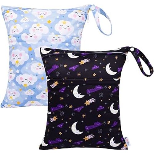 ALVABABY 2pcs Cloth Diaper Wet Dry Bags Waterproof Reusable with Two Zippered Pockets Travel Beach Pool Daycare Soiled Baby Items Yoga Gym Bag for Swimsuits or Wet Clothes LZ7879