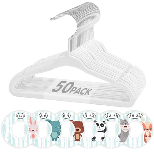 VIS'V Baby Hangers, 11 Inch Velvet Kids Hangers with 6 Pcs Clothes Size Dividers, Infant Toddler Nursery Closet Organization, Non Slip, White, 50 Pcs