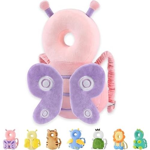 JunNeng Baby Head Protector Backpack, Toddler Walking Fall Head Protection, Purple Dots Butterfly