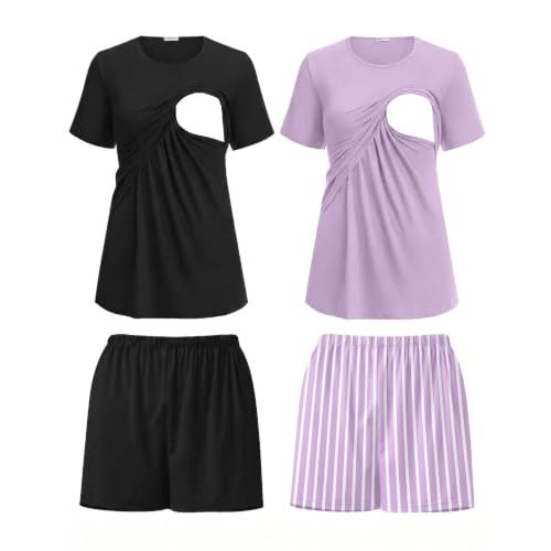 Ekouaer 2 Pack Nursing Pajamas Set Postpartum Outfits for Women | Double Layer Breastfeeding Pjs, Maternity Lounge Set with Shirts and Shorts, Soft Pregnancy Clothes