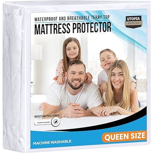 Queen Size Mattress Protector Waterproof, Premium 200 GSM Terry Mattress Cover, Soft & Breathable Bed Cover, Fitted Sheet Style Stretchable Deep Pockets 17" by Utopia Bedding (White)