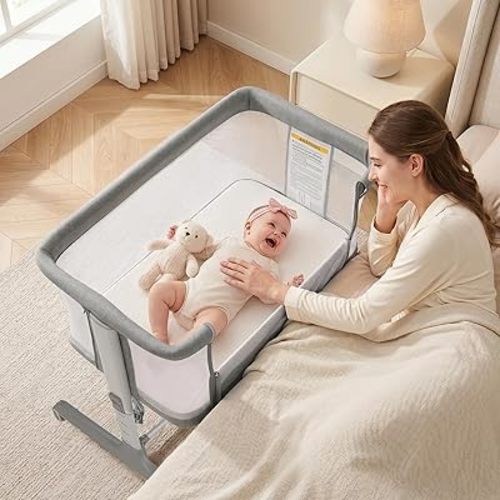 INFANS 3 in 1 Baby Bassinet, Bedside Sleeper for Newborn, Folding Crib with Mattress, Travel Bag, Wheels, 4-Sided Mesh, Easy to Assemble Cradle Co Sleeper Stationary, Rock (Light Grey)