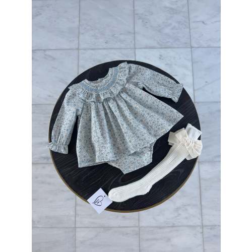 Beautiful Floral print Baby Girl Dress set with smoke details.