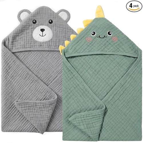 4 PCS Muslin Baby Bath Towels Set, 100% Cotton 2 PCS Animal Hooded Baby Towels 32x32 Inch & 2 PCS Washcloths, Ultra Absorbent & Soft Infant Newborn Essentials Gifts for Boys & Girls, Dinosaur & Bear