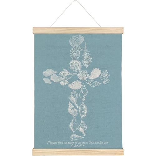 SereneHanctuary Blue Christian Coastal Wall Art, Beach Seashell Wall Decor, Psalm 93:4 Bible Verses Religious Poster Hanger Frame for Girls Bedroom Home Church Decor, 12x16 Inches