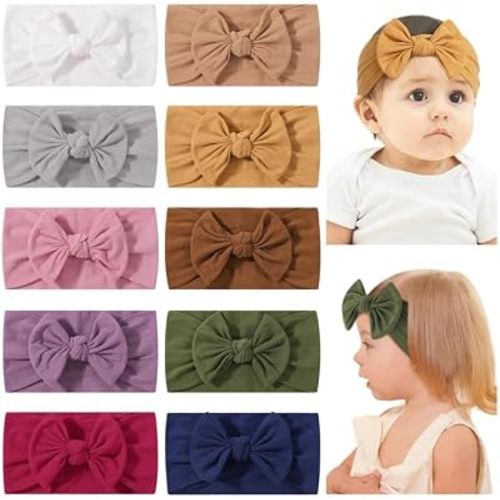 jollybows 10PCS Baby Girl Nylon Headbands Elastic Soft Turban Hair Bows Candy-Color Baby Hair Accessories for Toddlers and Infants-Dark Colors
