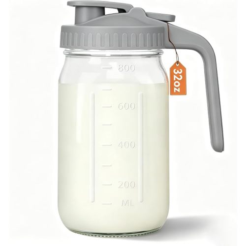 Mason Jar Pitcher, 32 oz Glass Milk Pitcher, Wide Mouth & Leakproof Glass Pitcher with Lid for milk, Sun Tea, Juice, Cold Brew Coffee and Drinks (Gray)
