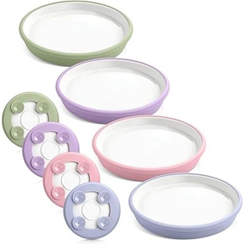 Domensi 4 Sets Kids Porcelain Plates with Silicone Suction Sleeve Toddler Suction Plates Baby Porcelain Snack Dishes for Kid Toddler Baby Self Feeding Microwave Dishwasher Safe (Vivid Color)
