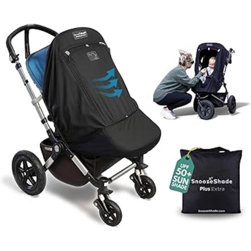 SnoozeShade Plus Extra, Stroller Sun Shade, Mosquito Net for 6m+ Babies, Blocks 99% of UV (UPF 50+) Universal Fit Blackout Sleep Cover with Peekaboo Window, Breathable Mesh Canopy for Single Strollers