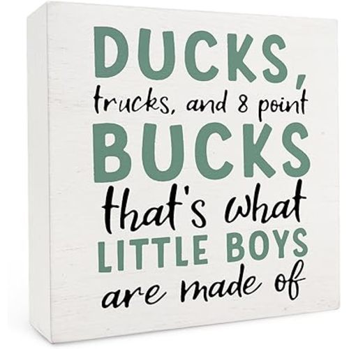 Boy Nursery Wood Box Sign 5×5 Inches, Ducks Trucks and 8 Point Bucks That's What Little Boys Are Made of Wood Sign for Kids Boys Bedroom Playroom Desk Tabletop Shelf Decor