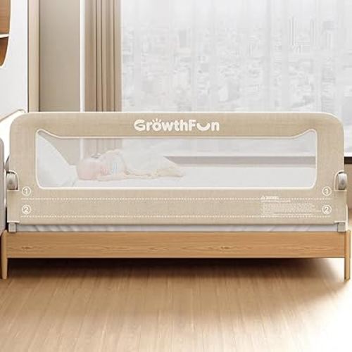 GrowthFun Foldable Bed Rail for Toddlers, 71in Reinforced Carbon Steel Frame&Connectors, Breathable Cationic Fabric, Safety Toddler Bed Rails for Queen, King, Twin, Full, No-Tool Setup.