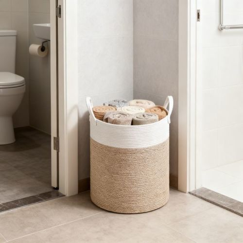Cotton Rope Laundry Basket, 15.8 Gal Natural Fiber Hamper with Handles, for Kids' Toys Clothing Bedroom Living Room, White & Grayish Brown