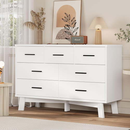 FANRAL 7 Drawer Dresser for Bedroom,Wood Modern Chest of Drawers with X-Shaped Sturdy Base,White Dresser