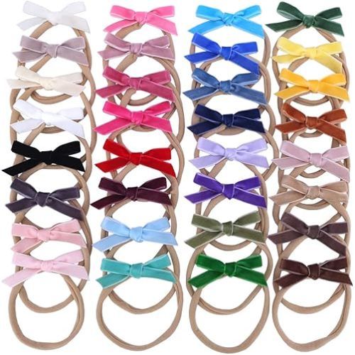 Sugarmelon Velvet Bow Soft Stretchy Headbands for Newborn Infant Toddlers Hair Bow Elastic Bands Baby Girls Nylon Hairband (2.75'' Mini 32 PCS)