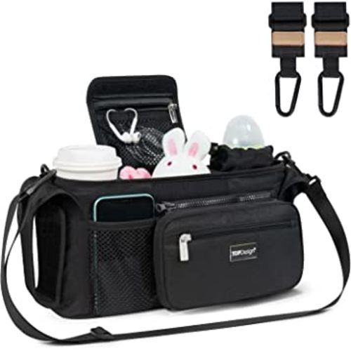 TOPDesign Universal Baby Stroller Organizer, Stroller Caddy with Heightened Insulated Cup Holders & Non-Slip Secure Hooks Accessories, Fits Most Strollers, Machine Washable (Black)