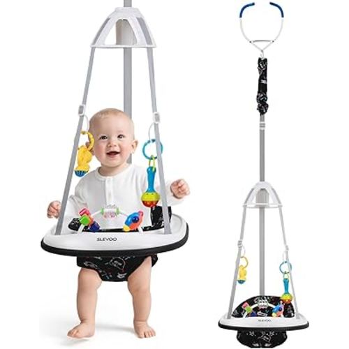 Slevoo Baby Jumper, Baby Door Jumper with Bumper, Play Tray and Two Jingle Rattles, Quiet Bear