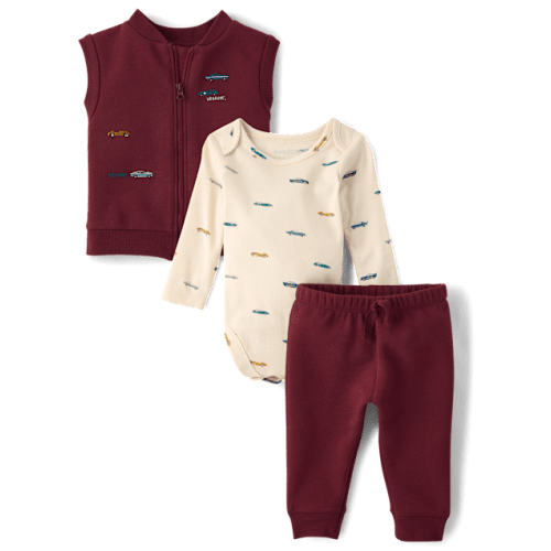 Baby Boys Embroidered Racecar Vest 3-Piece Playwear Set - Burgundy