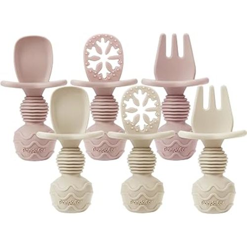 PandaEar 4 Pack Silicone Baby Spoons Forks Feeding Set, Toddler Utensils Baby Led Weaning Supplies, First Stage Baby Spoon Self Feeding 6 Months Old Baby Essentials