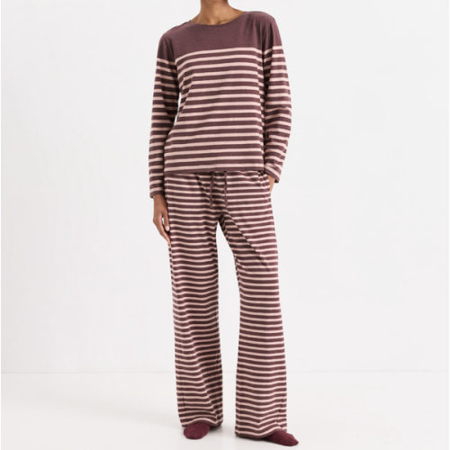 Women’s Cool Stretch Sleep Set made with Organic Cotton | Pact | Color: Merlot & Clay Heather Stripe | Size L