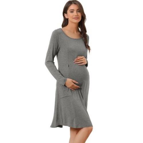 cheibear Womens Casual Round Neck Maternity Long Sleeve Loungewear Dress with Pockets Dark Grey Small