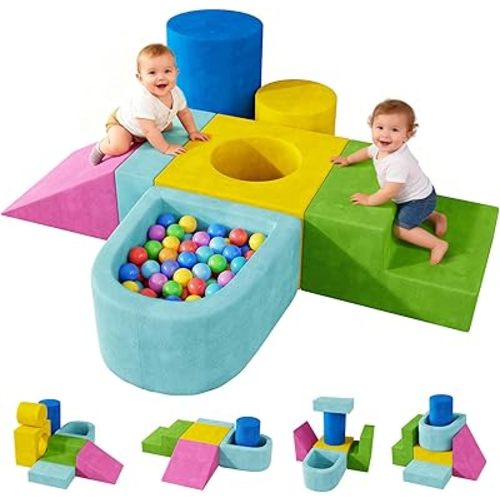 Teckid Toddler Climbing Toys, 7-Piece Colorful Foam Blocks, Indoor Soft Play Gym for Crawling, Climbing and Sliding, Modular Play Set Ages 1-3, No Ball Included