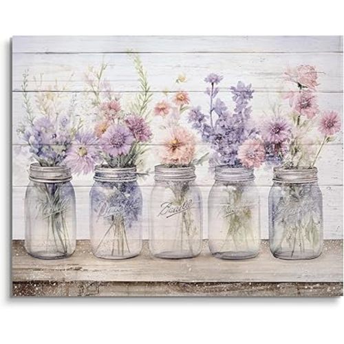 Farmhouse Decor Wall Art Purple Pink Flowers Painting Prints Watercolor Floral Plants Picture Still Life Wall Decor Framed Artwork for Girls Room Bedroom Bathroom Home Office Decoration - 11x14 Inch