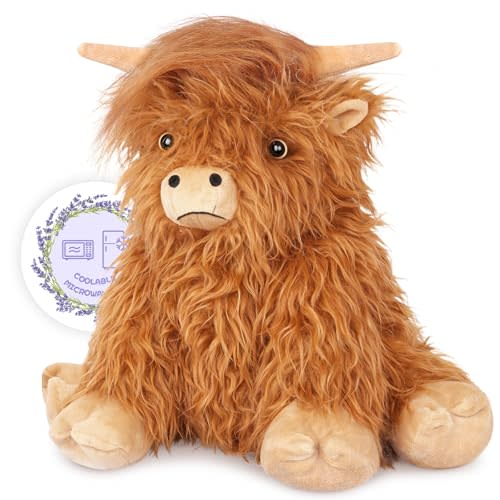 Heatable Coolable Highland Cow Stuffed Animals Plushie, Microwavable Heating Pad for Period Cramps & Pain, Lavender Scented Cattle Plush Toys for Stress Relief, Highland Cow Gifts for Women