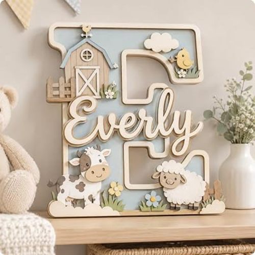 Personalized Farm Nursery Letter Sign, Custom Wooden Initial Name Plaque with Cow Sheep Barn Theme, Baby Nursery Wall Decor for Boys Girls