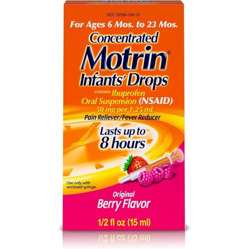 Infants’ Motrin Infant Ibuprofen Oral Suspension Concentrated Drops, NSAID Fever Reducer & Pain Reliever for Babies, Dye Free, Alcohol-Free, Berry Flavor, Includes Enclosed Syringe, 1 fl. oz