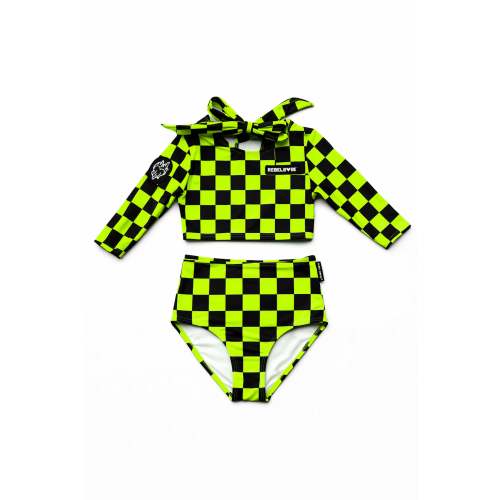 UPF50+ Cropped Two Piece Swimsuit in Neon Electric Lime + Black Checkered