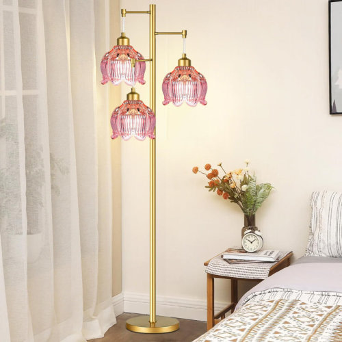 Latitude Run® Glass Floor Lamp For Living Room,Bedroom,Gold Flower Mid Century Modern Standing Lamp Brass Tree 3 Light Tall Floor Lamps Vintage Floor Lights Pink Lamp Shade Farmhouse Boho Bohemian | Wayfair