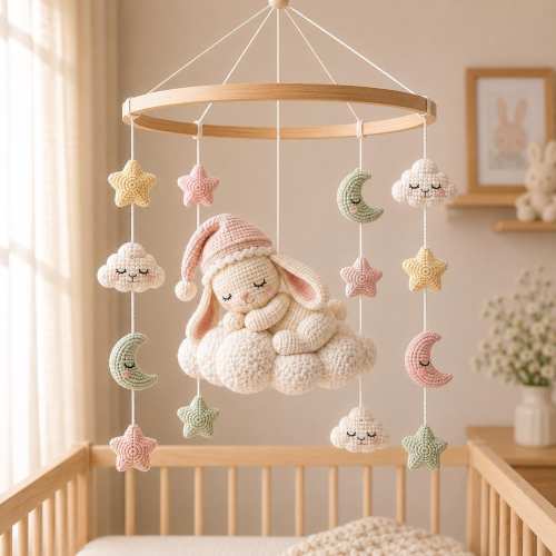 Handmade Crochet Bunny Cloud Baby Mobile, Nursery Crib Decor Gift