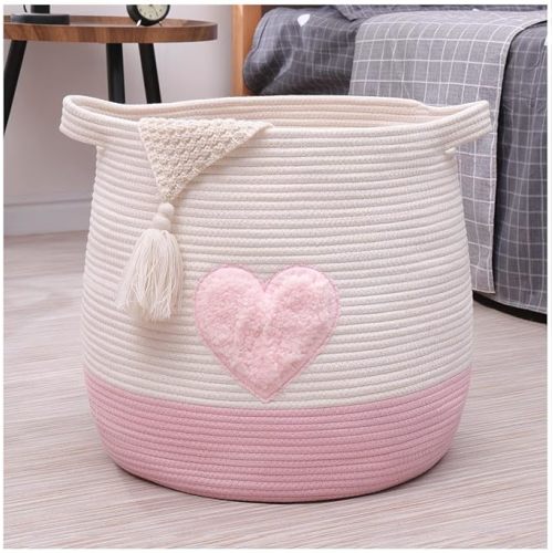Large Cotton Rope Basket, Woven Storage Basket for Toy, Laundry and Blanket Organizer Basket, Round Hamper Basket with Handles for Kid's Room 17.7"x16.9" (Pink Heart)