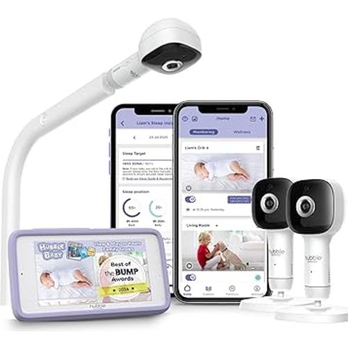 HUBBLE CONNECTED SkyVision Pro Twin AI-Enhanced HD Smart Baby Monitor, 2 Cameras, Parent Unit, Mounts, Smart Rollover & Cry Detection, AI Sleep Report, 2-Way Talk, Night Vision, Light & Sounds, App