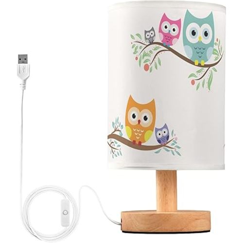 Table Lamp Cute Cartoon Owl with Baby Child on Tree Branch Nightstand Lamp with Wood Base Fabric Lamp Shade Bedside Desk Lamp for Living Room Bedroom Kids Room Office