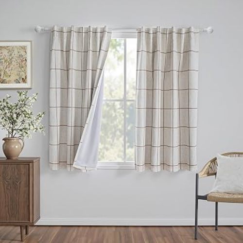 MYSKY HOME 100% Blackout Plaid Linen Curtains 45 Inches Long Double Layer Farmhouse Thermal Insulated Checkered Print Drapes with Rod Pocket Back Tab for Small Window, 2 Panels, 52" Wide, Brown