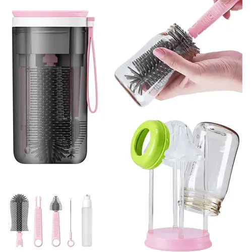 Baby Bottle Drying Rack for Travel,Portable Drying Rack and Bottle Brush Set for Working Mom, Visit Families, Friends or Camping,Pink