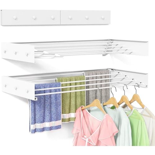 Wall Mounted Drying Rack for Laundry 31.5'', Folding Clothes Drying Rack Wall Mount with 5 Rods and 6 Hooks, Space Saving Collapsible Towel Rack for Indoor Outdoor Bathroom Balcony (White, 31.5'')