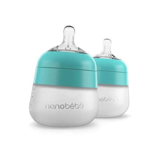 Nanobebe Flexy Silicone Baby Bottle, Anti-Colic, Natural Feel, Non-Collapsing Nipple, Non-Tip Stable Base, Easy to Clean 2-Pack, Teal, 5 oz