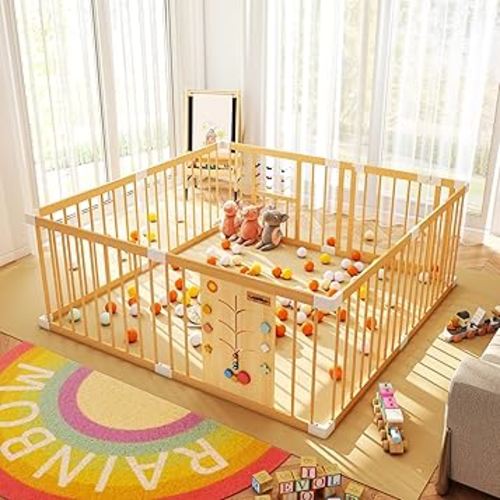 Xilingol Wooden Baby Playpen with Locking Gate, Extra Large Playpen for Babies and Toddlers, Size Adjustable Activity Center for Children, Indoor Wooden Play Pen, Play Fence 63” × 63”× 24”
