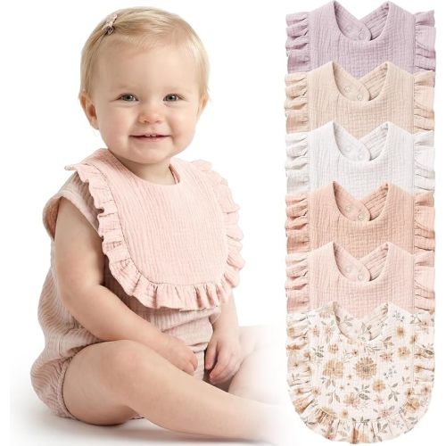 Konssy 6-Pack Muslin Baby Bibs for Girls, Soft 100% Cotton Drool Bibs with Ruffle Trim, Adjustable Infant Feeding Bibs