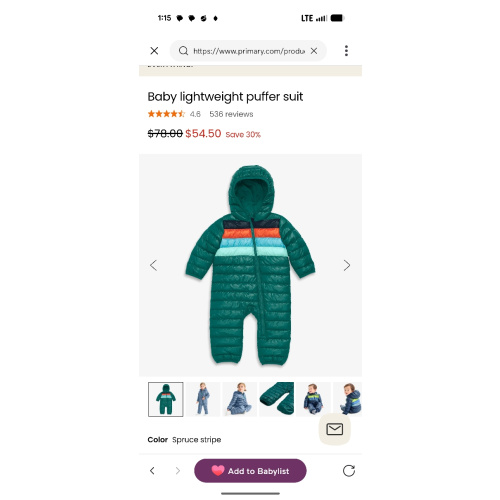Baby lightweight puffer suit