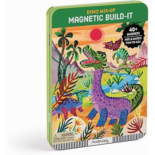 Mudpuppy Dino Mix-Up – Magnetic Build-It Travel Friendly Game with Illustrated Prehistoric Background Scenes Including 2 Dino Characters and Over 40 Mix and Match Magnets for Children Ages 4 and Up
