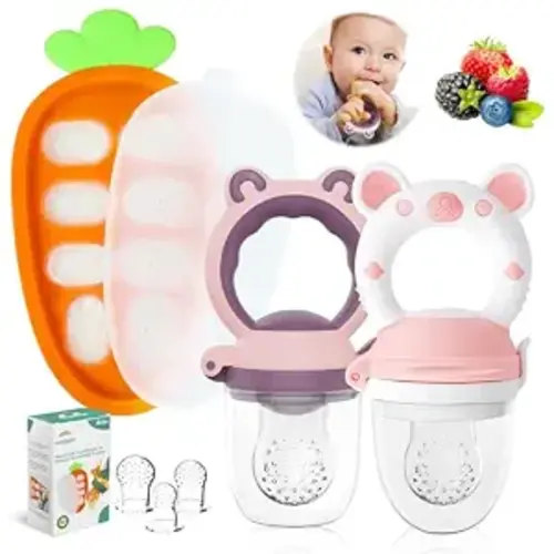 Baby Fruit Food Feeder - Fresh Food Feeder, Infant Fruit Teething Teether Toy for 4-24 Months, 2 Pack with 3 Stage Pouches and Freezer Tray for Babies (Purple Pink)