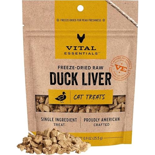 Vital Essentials Freeze Dried Cat Treats | Duck Liver, Single Ingredient | Premium Quality | Grain Free, Healthy Treats for Cats, 0.9 oz Bag